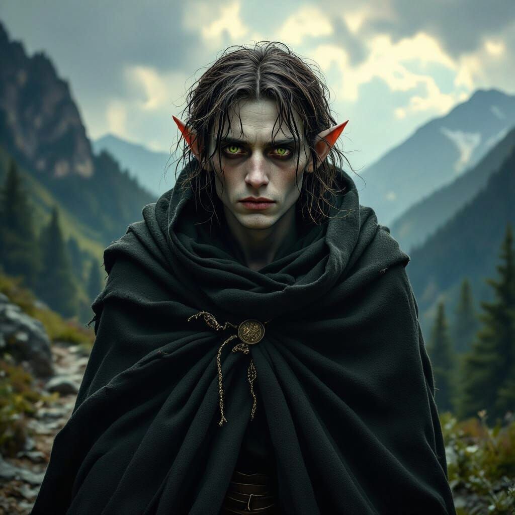 Withered Elf Descends Mountain Trail in Dramatic Sunlight