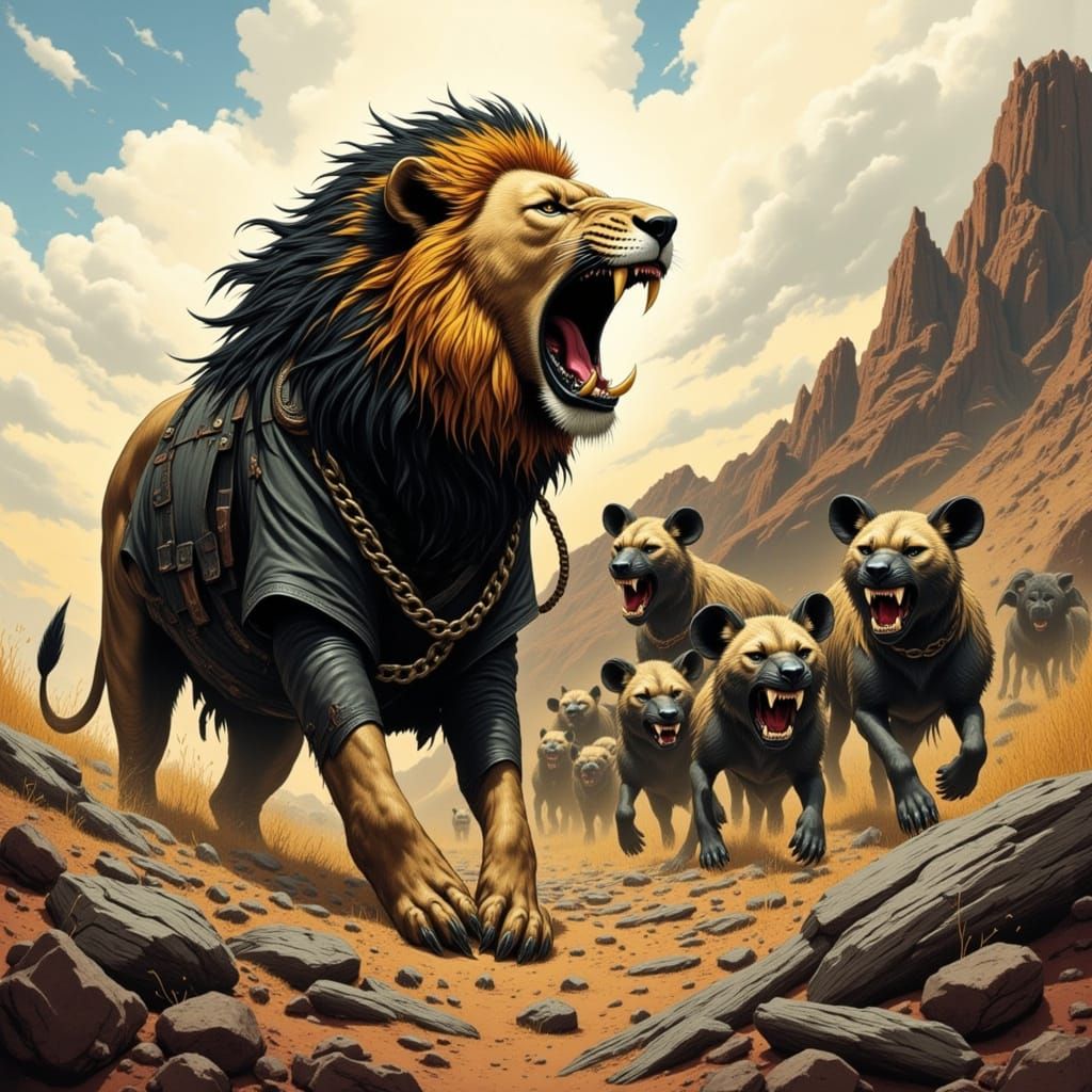 Majestic Lion Defies Hyenas in Hyper-Realistic Landscape