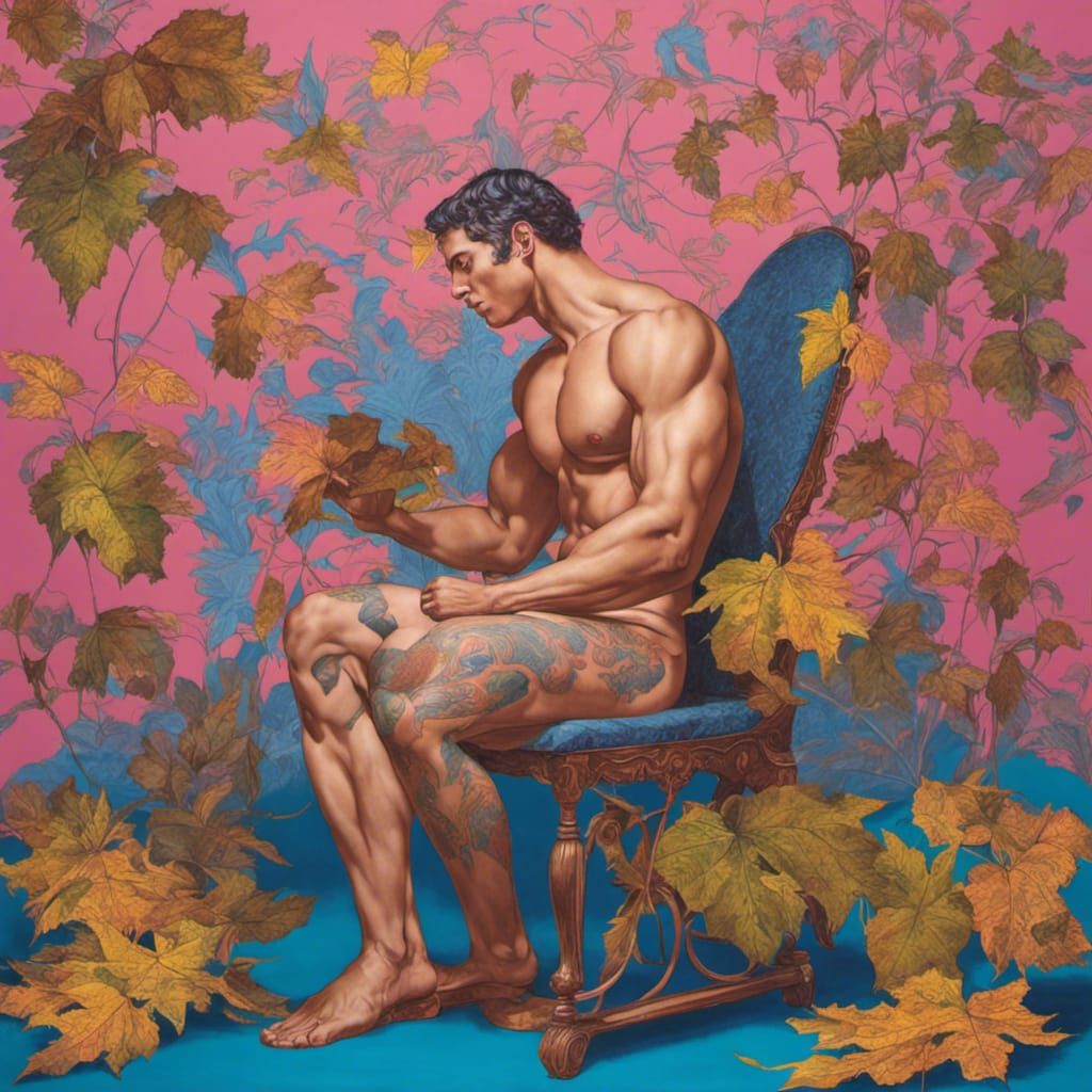 Surreal Muscled Man Contemplates a Leaf