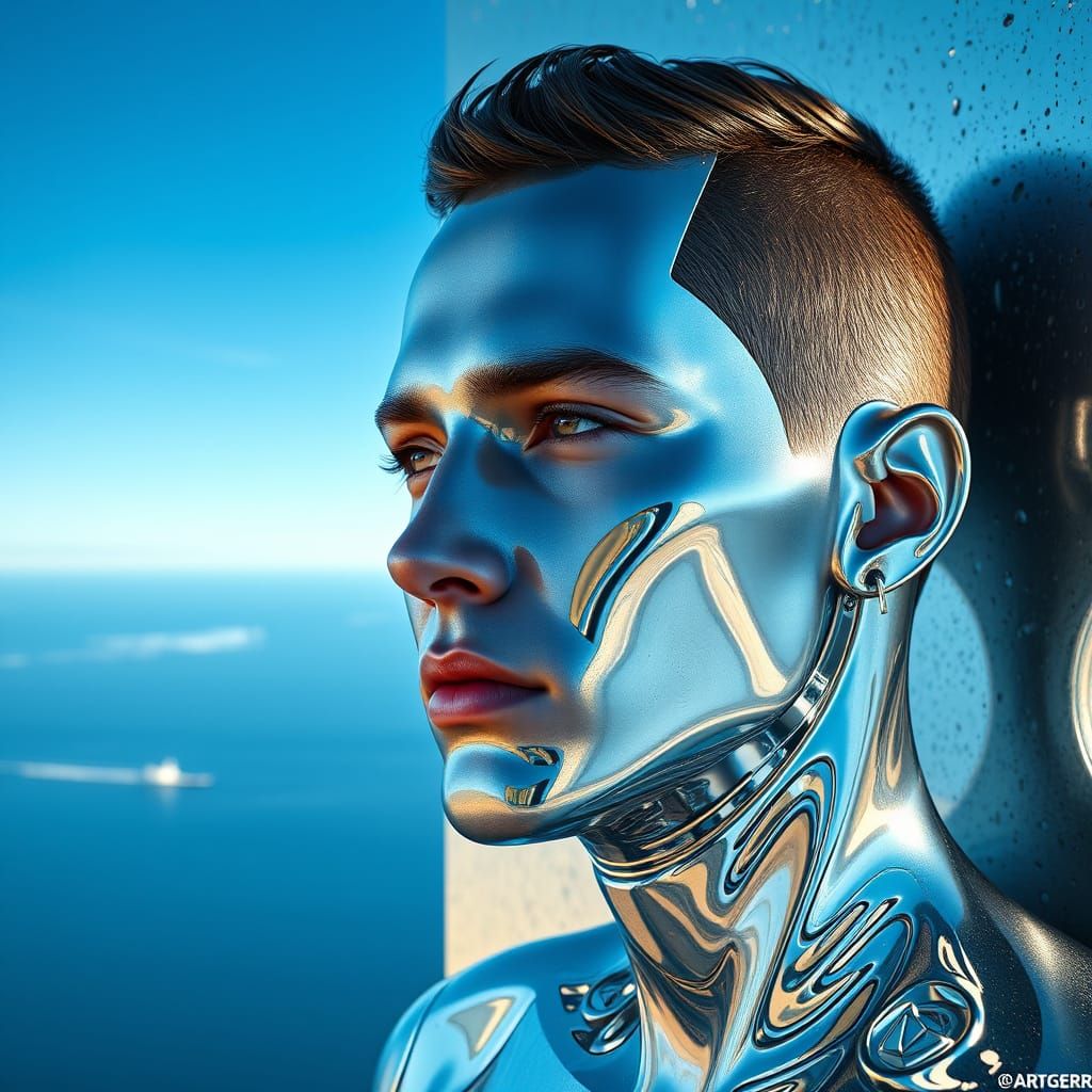 Surreal Chrome Droid Portrait in Triadic Colors
