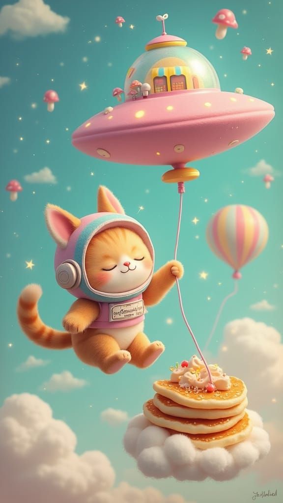 Whimsical Space Scene with Chubby Cat and Cozy Planet
