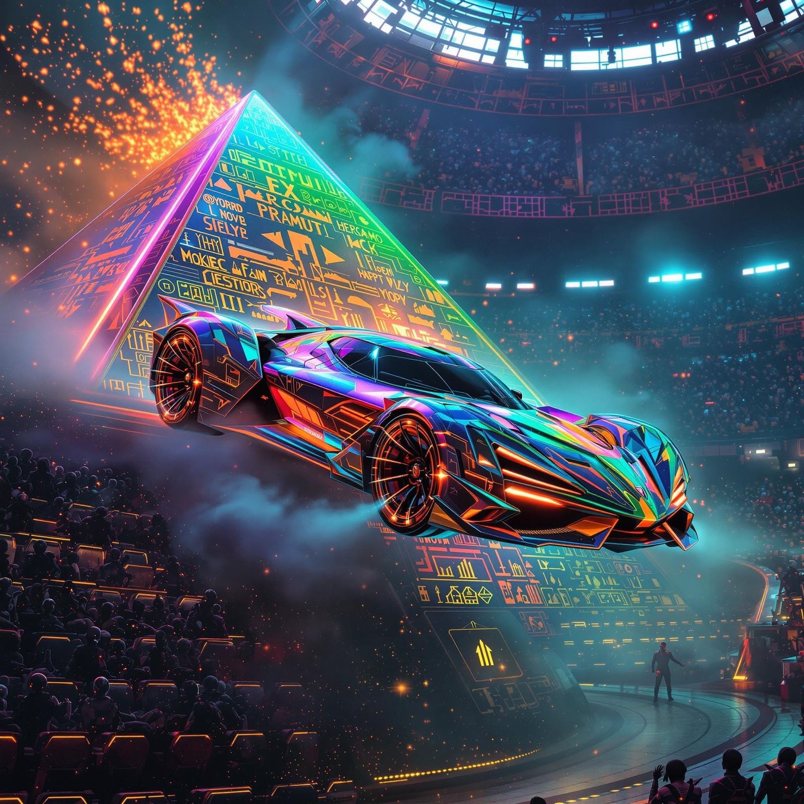 Iridescent Neon Supercar on Decadent Pyramid