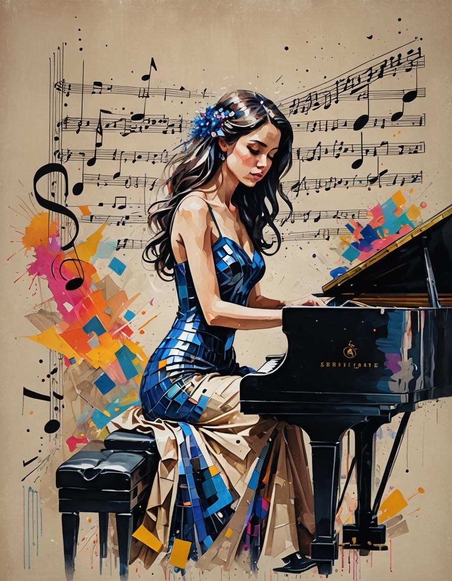 Brunette Pianist with Neon Music: Glitch Art