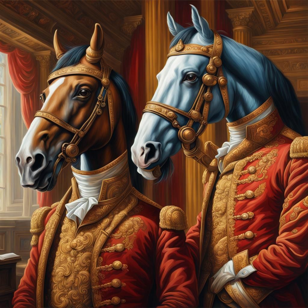 Victorian Horses in Parliament: Hyperrealistic Splash Art