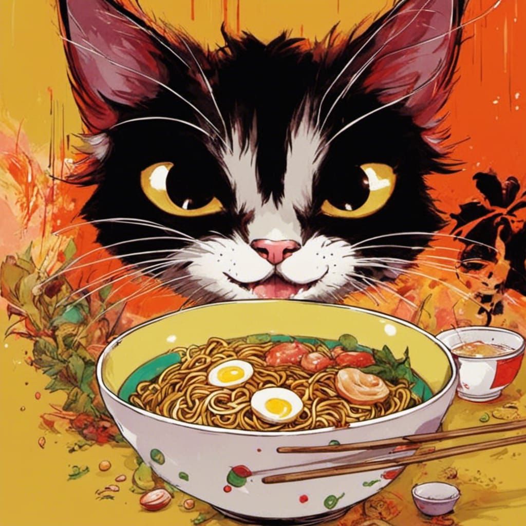 Happy Cat Enjoys Ramen: Cutecore Digital Art