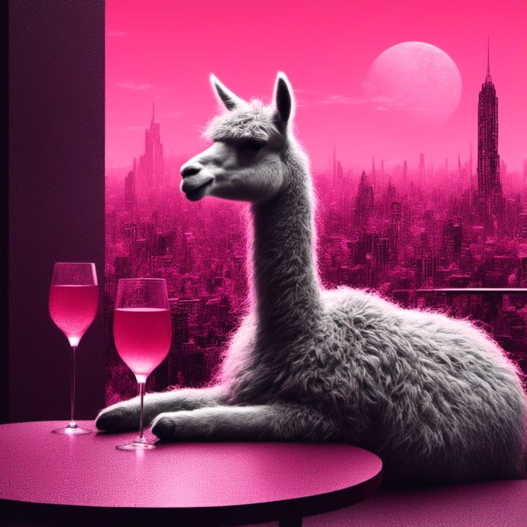 Cyberpunk Alpaca Sipping Wine in Night City