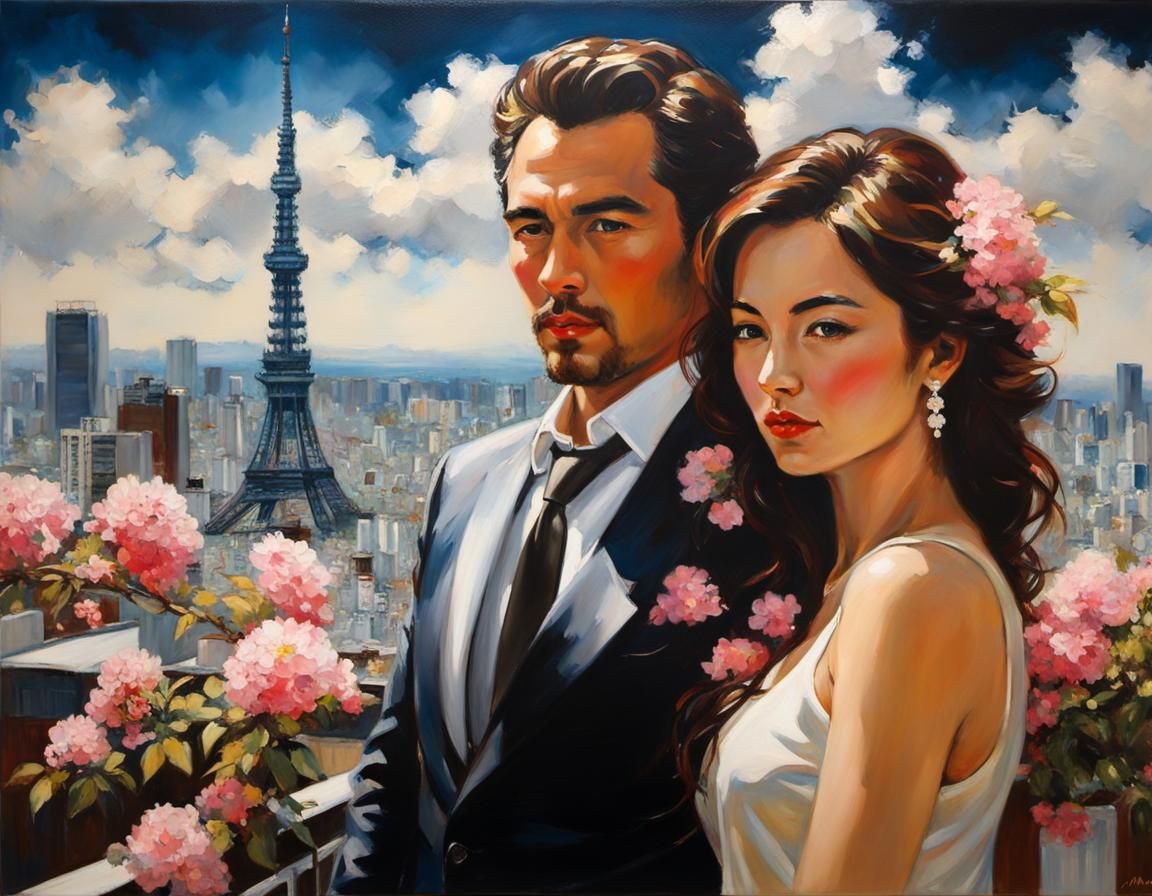 Rococo Couple on Tokyo Rooftop Chiaroscuro Portrait