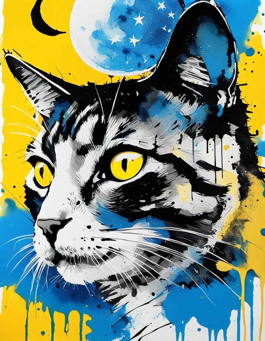 Minimalist Ink Cat Gazing at Moon