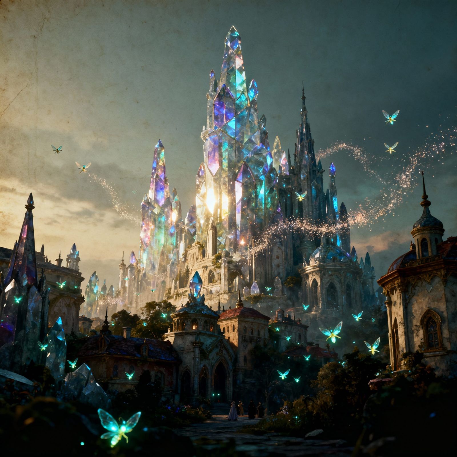 Twilight Crystal City with Fairies in 3D Storybook Style