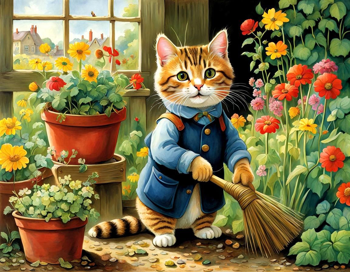 Whimsical Feline Gardener in Vibrant Storybook Style