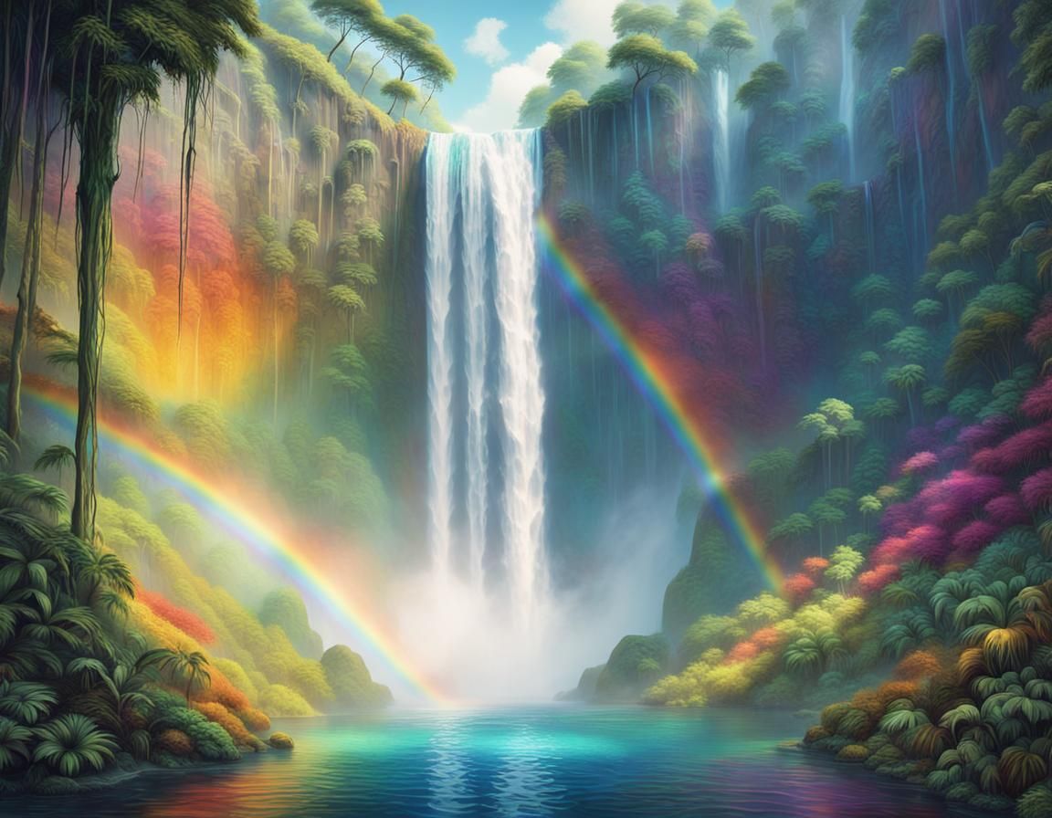 Rainbow Waterfall in Lush Rainforest: Fantasy Concept Art