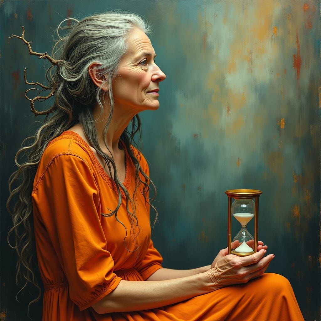 Elderly Woman in Contemplative Reverie with Surreal, Melting...