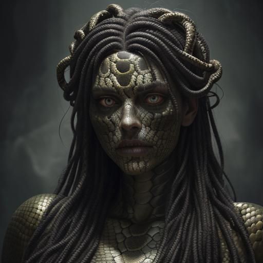 Hyperrealistic Gorgon with Snake Hair in Golden Light