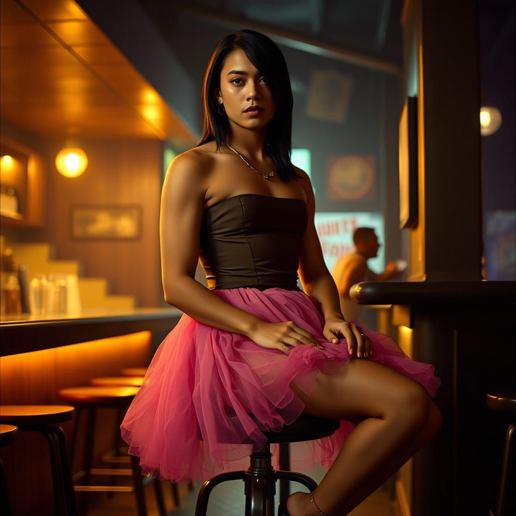 Young Man in Fitted Bodice and Pink Petticoat at Bar