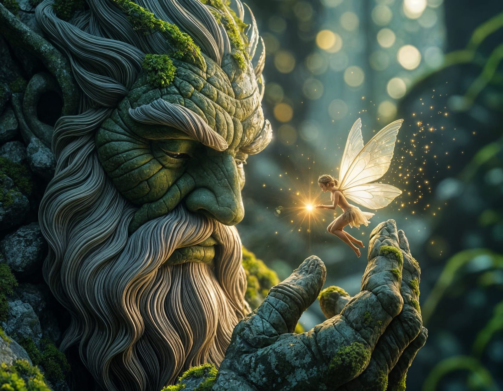 Ancient Stone Giant Gazing at Fairy, Magali Villeneuve Style
