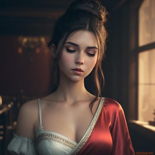 Brunette in Silk Gown: Detailed Digital Painting
