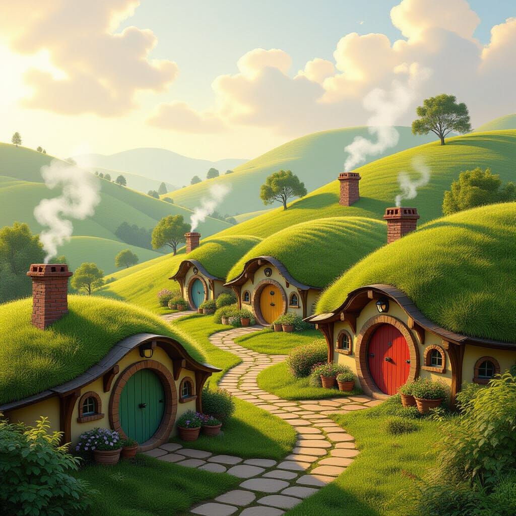 Whimsical Hobbit Village in Golden Sunlight