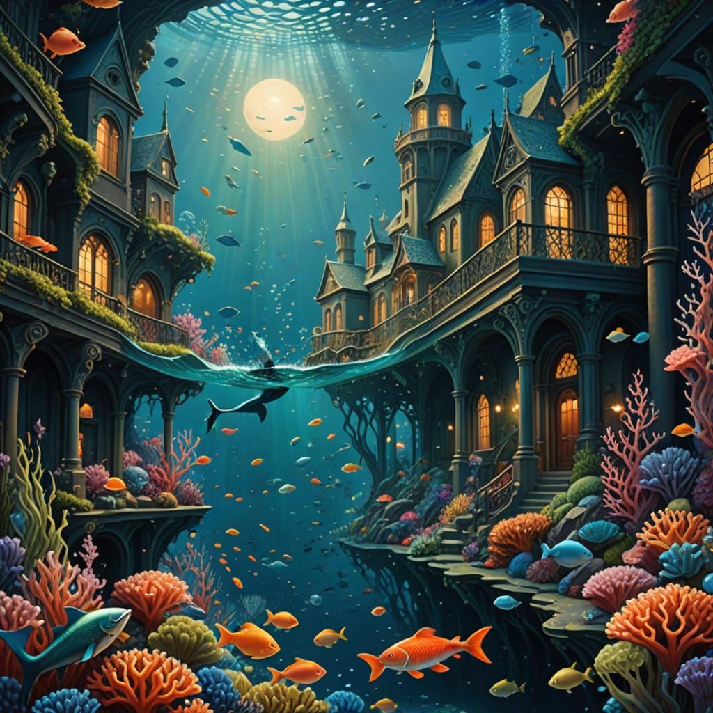 Hyper-Realistic Underwater Cityscape with Mermaid and Vibran...