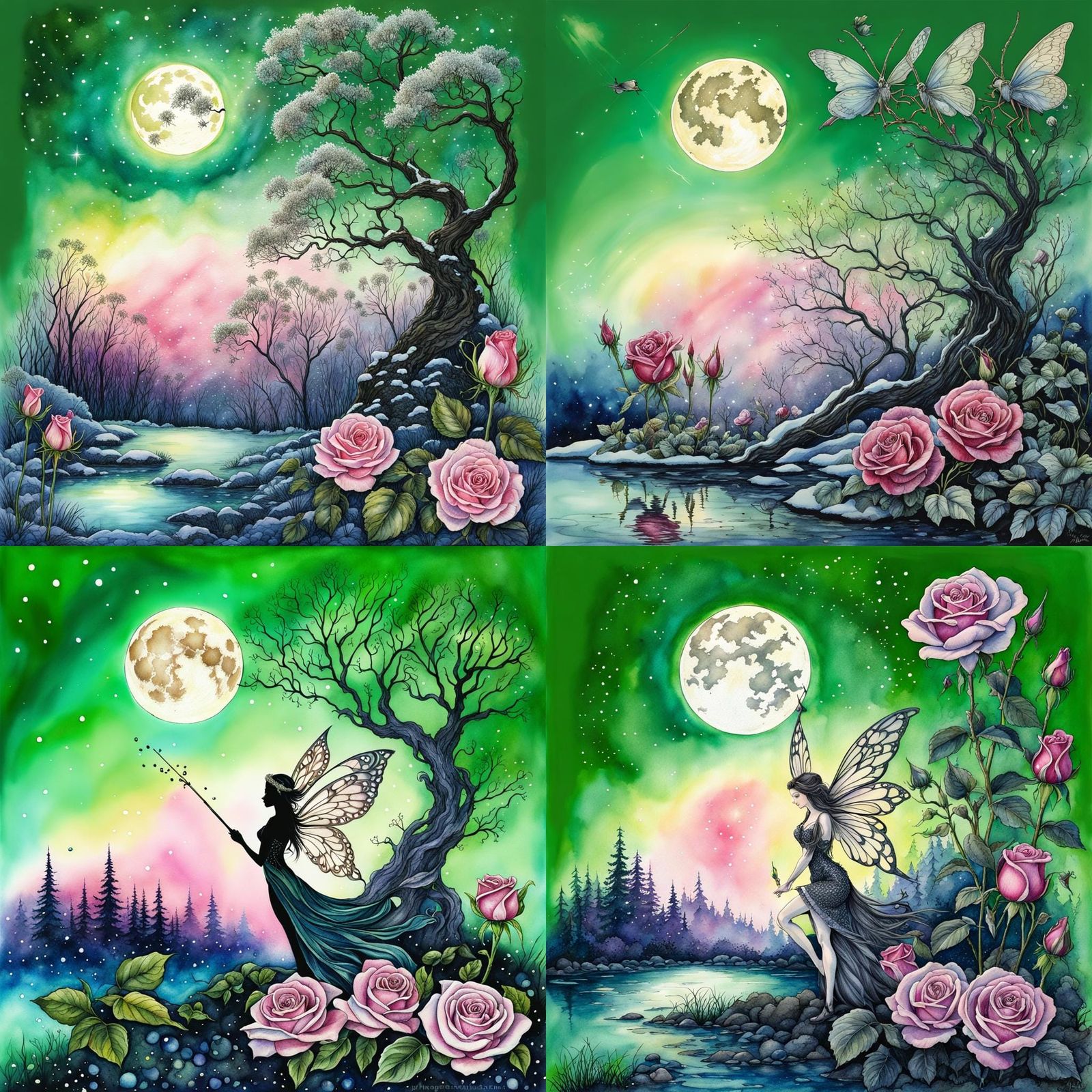Moonlight reflected on bright shimmering snow, Dark faerie garden, brook, roses, fantasy background