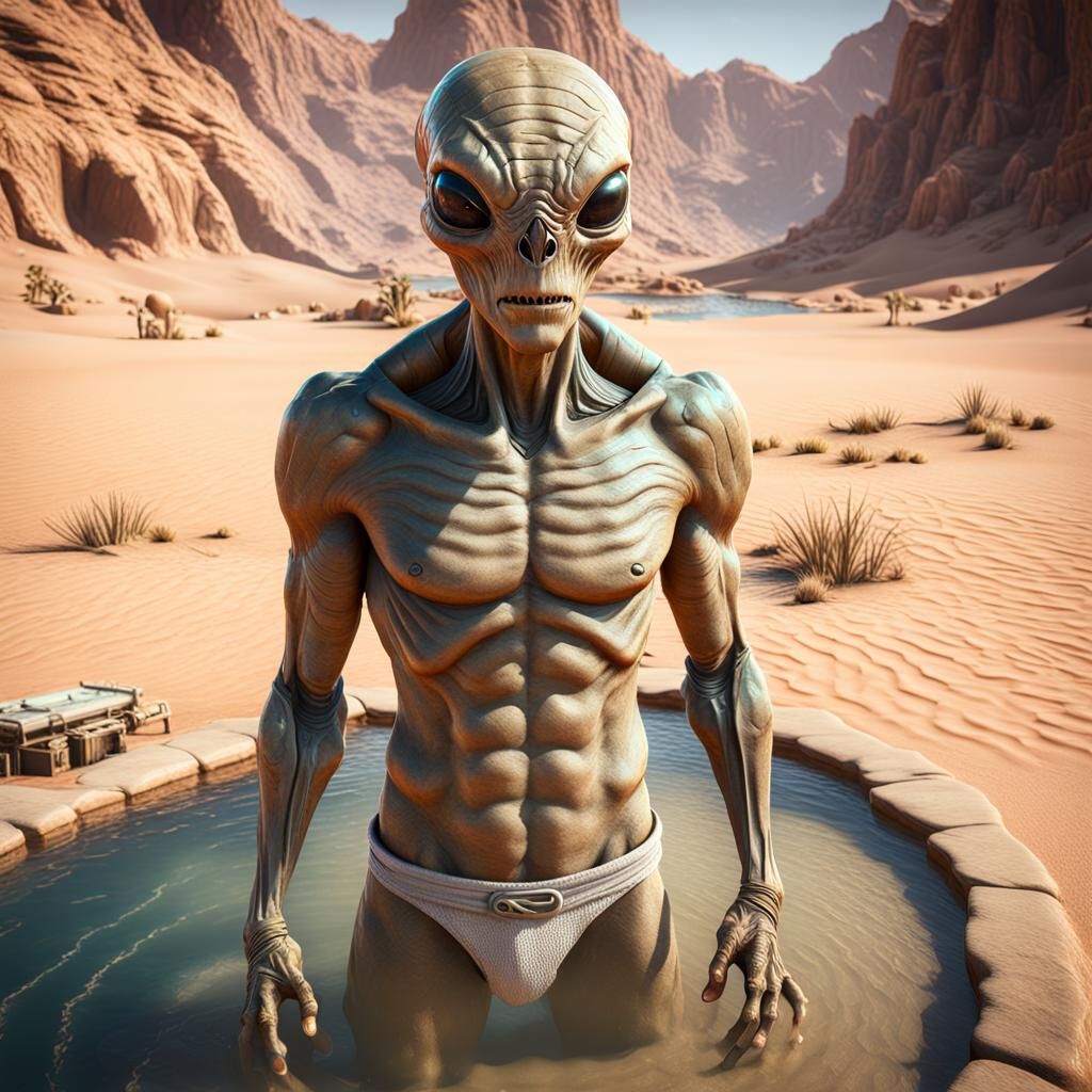 Desert Alien Bathes at Oasis: 3D Game Cinematic