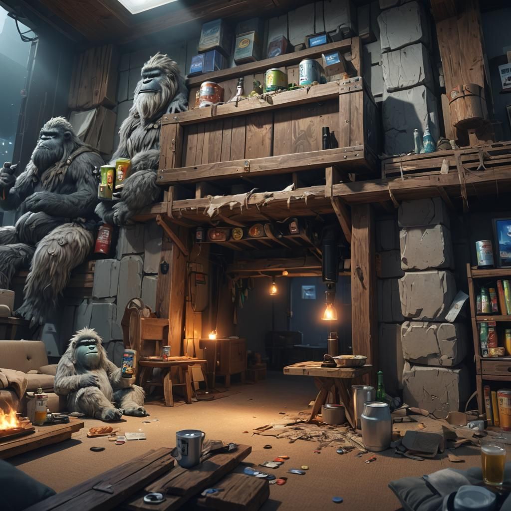 Cozy Yeti Couple Watching TV, 3D Anime Art