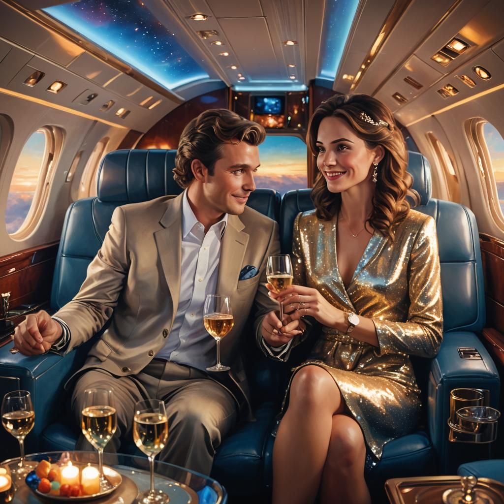 Romantic Moment in a Private Jet, Oil Painting