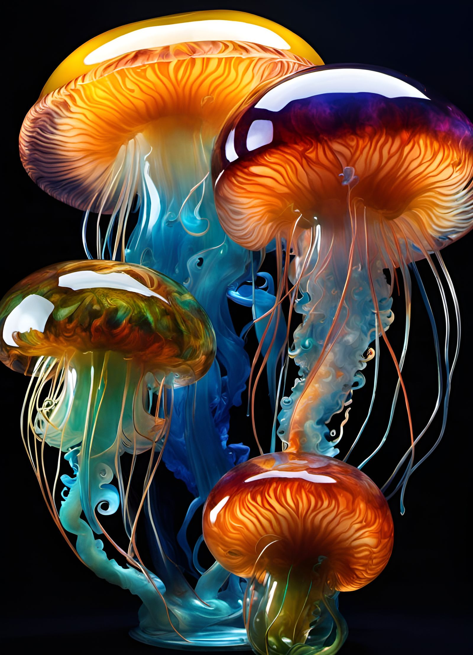 Intricate Blown Glass Bioluminescent Jellyfish Fantasy