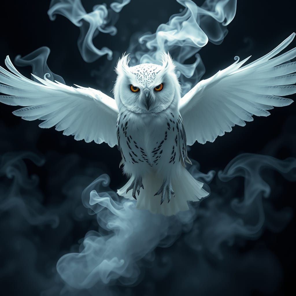 Surreal Ghostly Owl Emanates from Ethereal Smoke in Matte Pa...