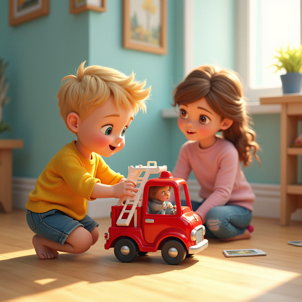 Brother and Sister Play with Toy Firetruck