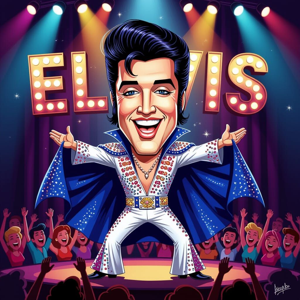 Hilarious Elvis Caricature on Stage in Cartoon Style
