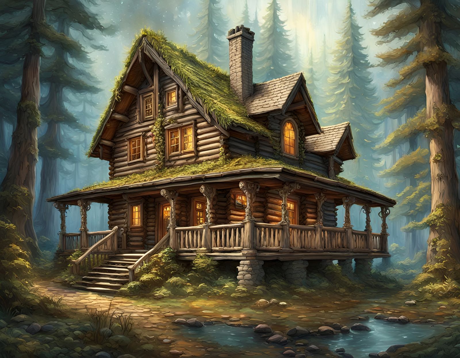 Fantastical Log Cabin in Gouache Style Watercolor Forest
