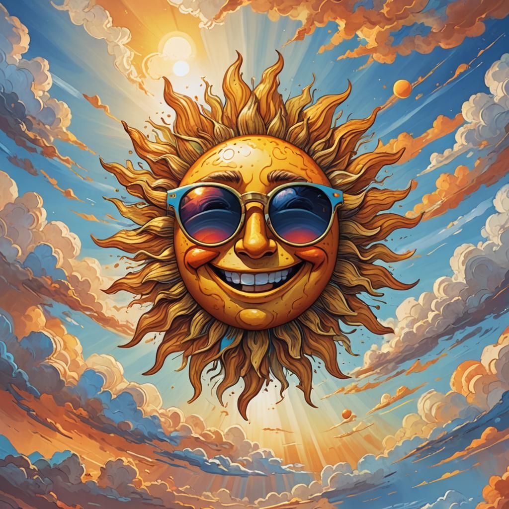 Smiling Sun with Sunglasses in Fantasy Sky