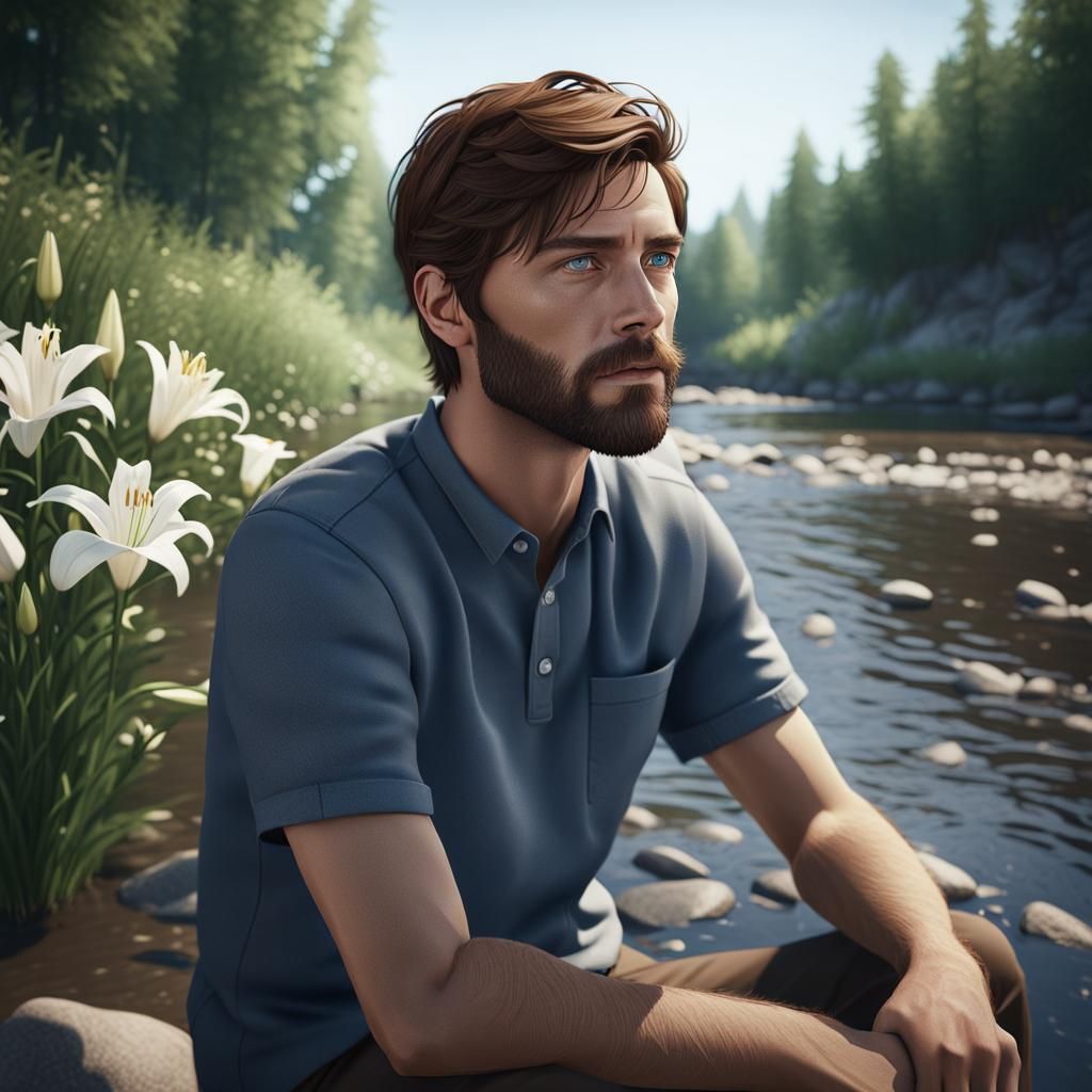 Hyper-Realistic Portrait by Riverbank with Lilies