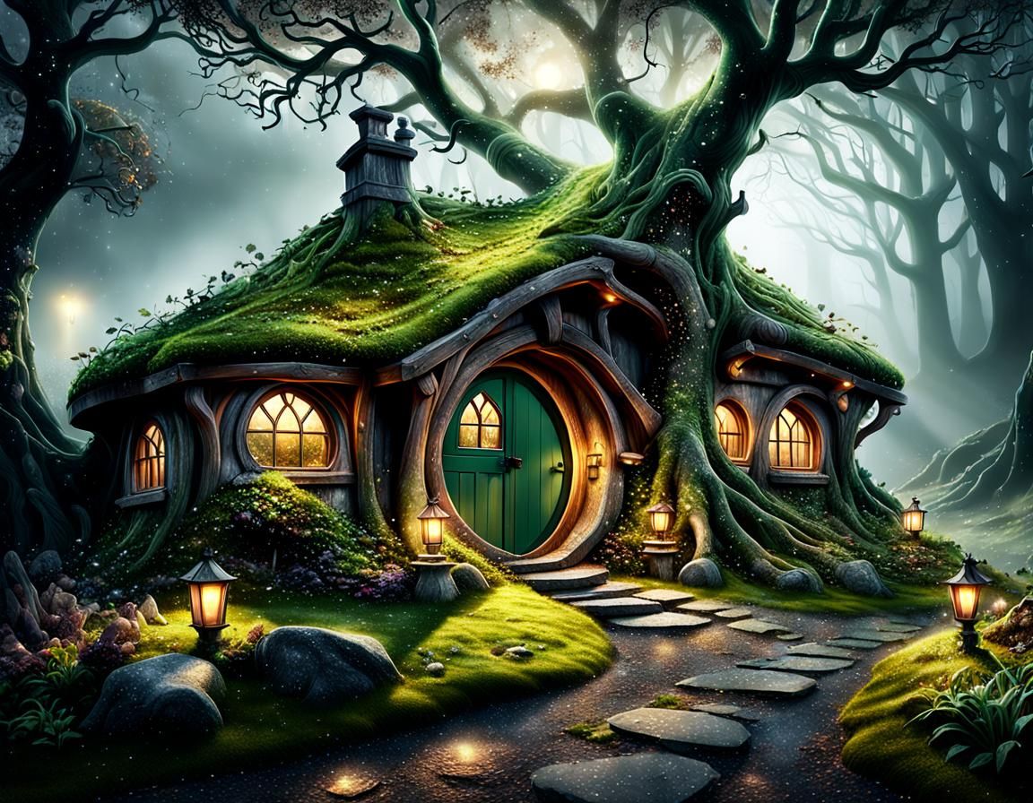 Super detailed illustration of  Hobbit house with lighted wi...