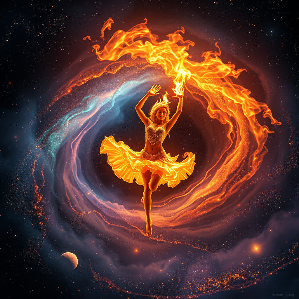 Cosmic Fire Dancer in Nebula Ballet