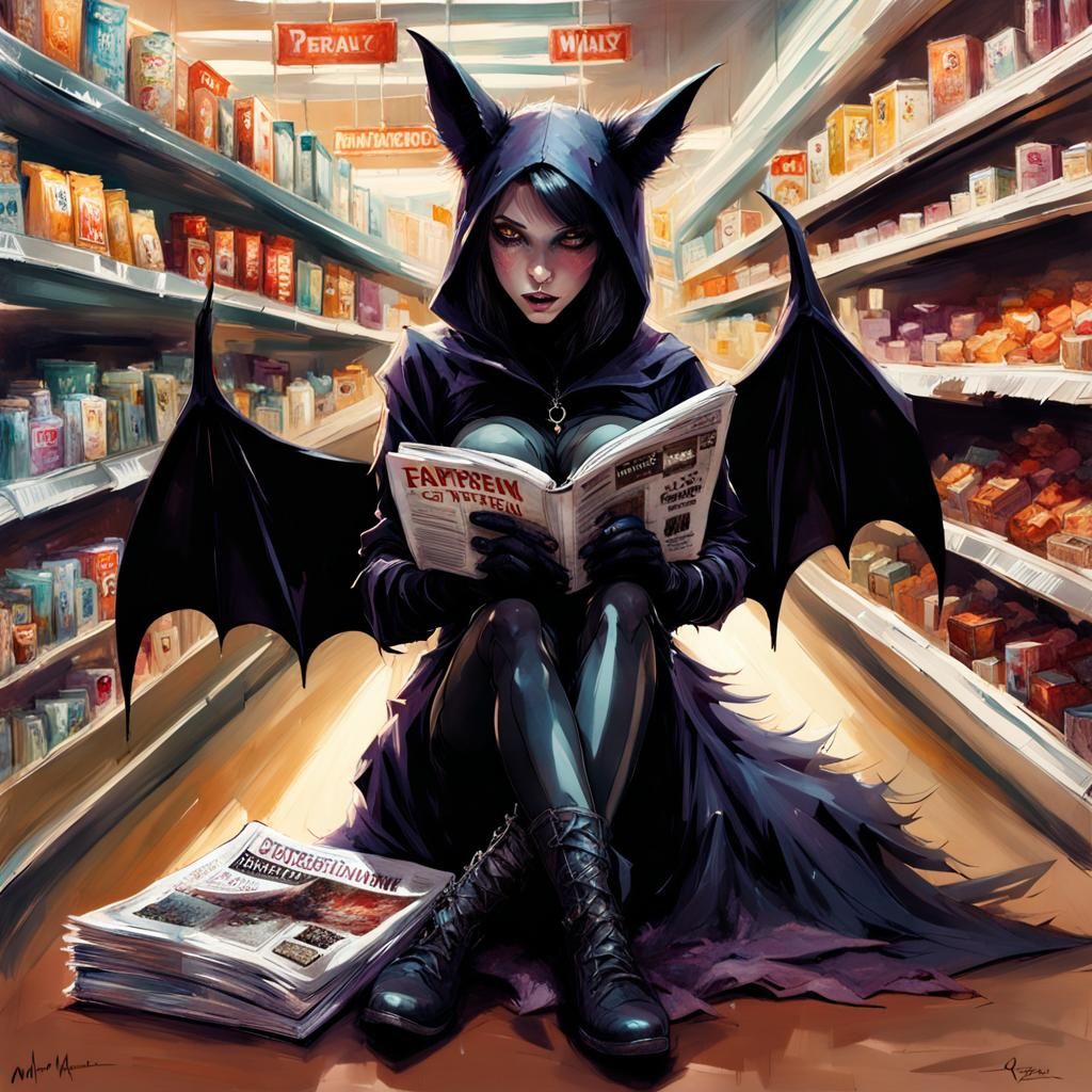 Goth Bat Character in Supermarket, Digital Painting