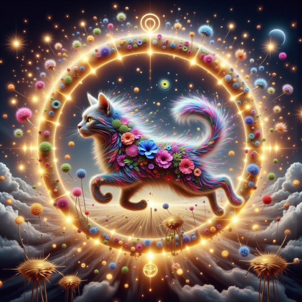 Cute Fluffy Cat Composed of Swirling Flowers in Whimsical Zo...