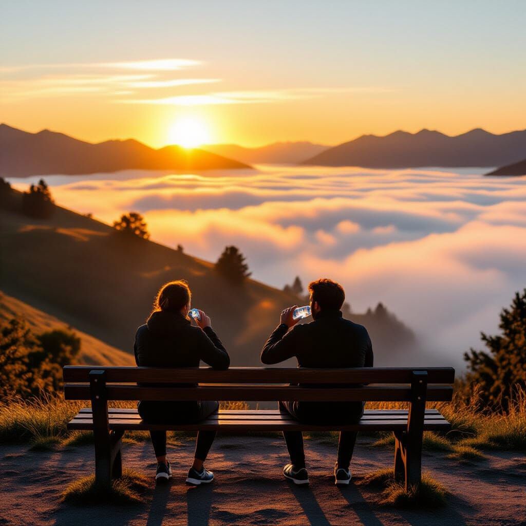 Cyclist Watches Golden Sunrise Over Foggy Valley