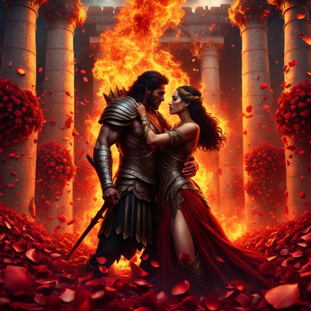 Aphrodite and Ares: Passionate Kiss in Greek Art Style