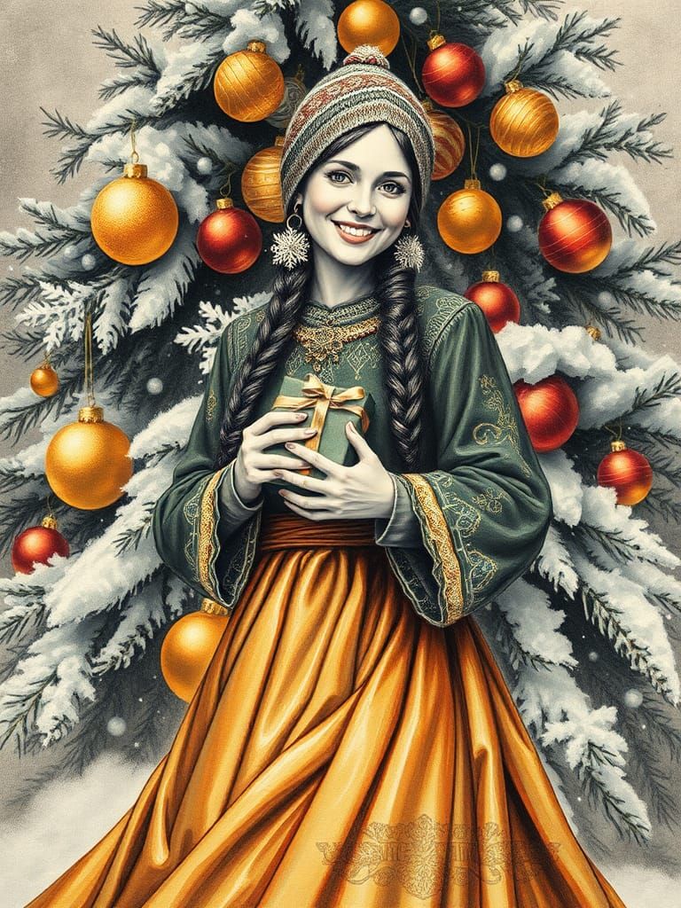 Snow Maiden Portrait in James Jean and Rockwell Style