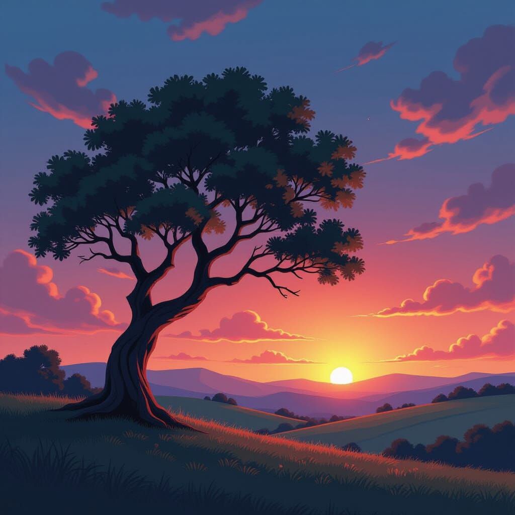 Windswept Tree Sunset in Anime Style