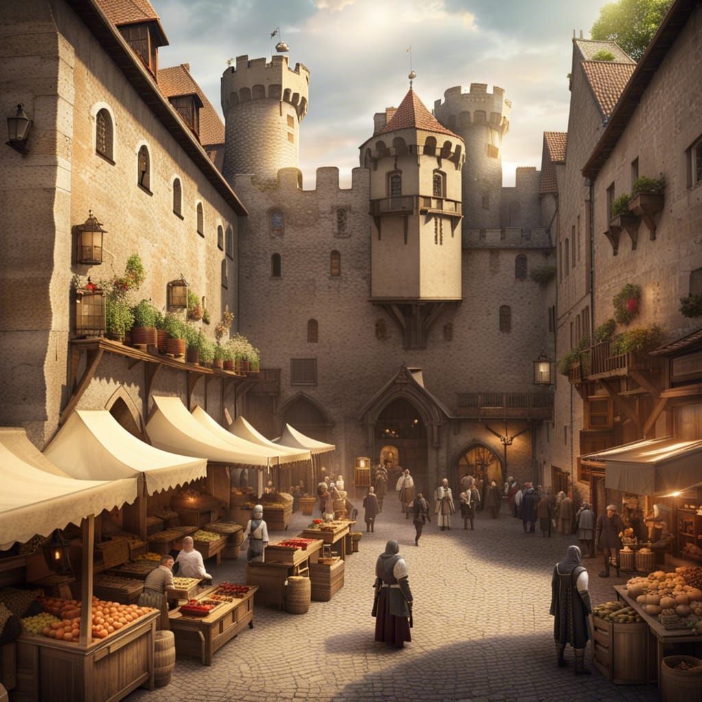 Medieval Marketplace at Castle Walls: Fantasy Art