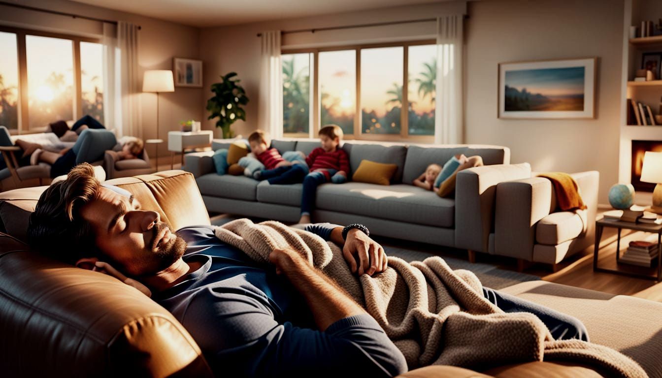 Photorealistic Man Sleeping as Children Play