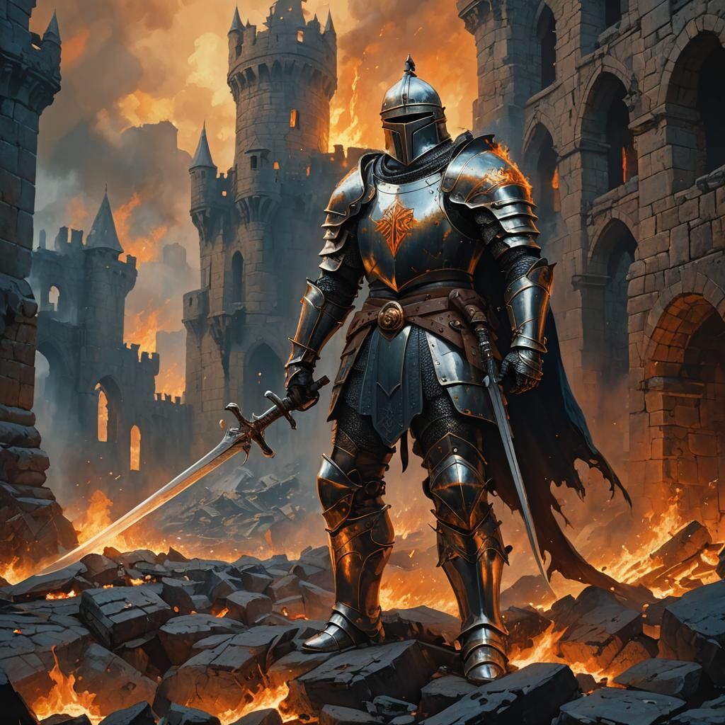 Knight in Burning Castle: Fantasy Art