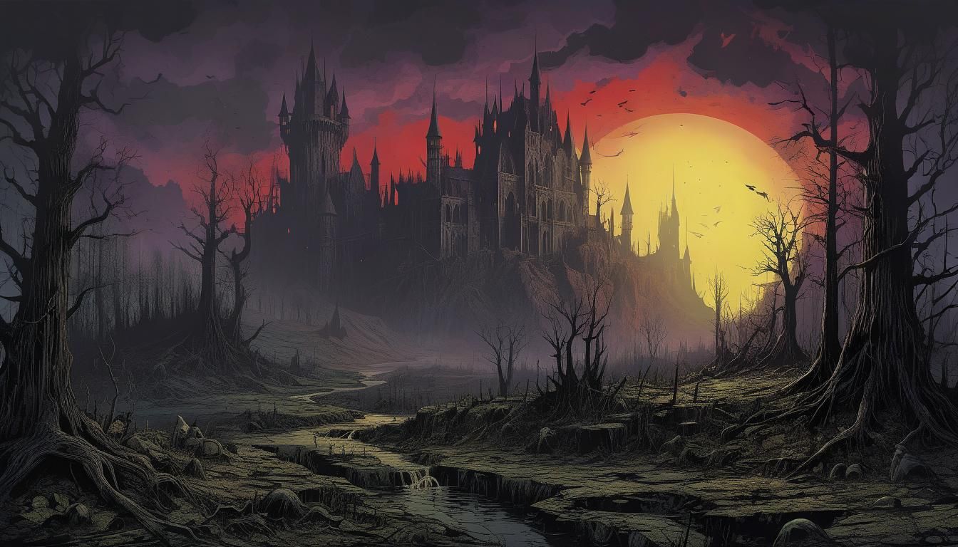 Horror Gothic Landscape in Mixed Media Style