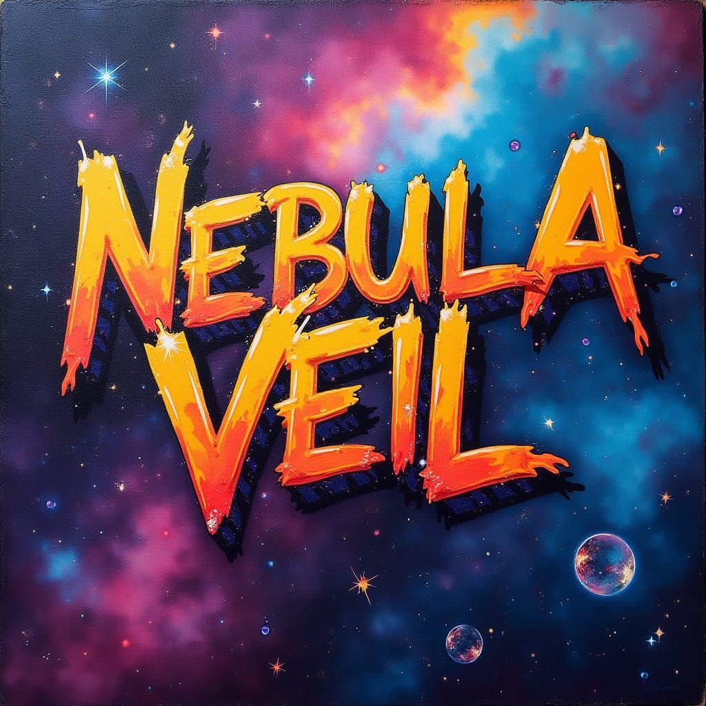 Cosmic Fantasy Scene with Vibrant Graffiti Text