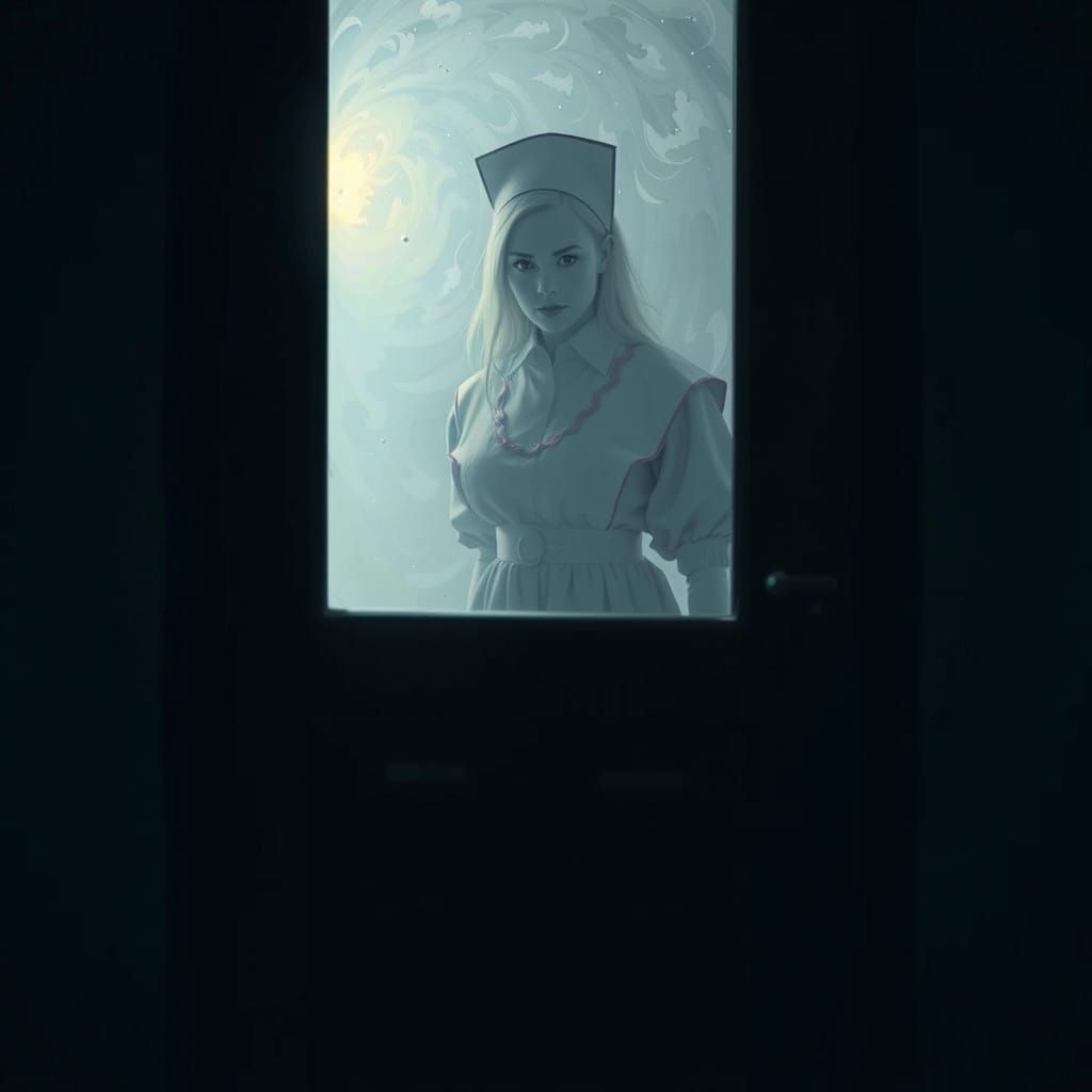 Ethereal Nurse in 1970s Attire Stares Through a Doorway