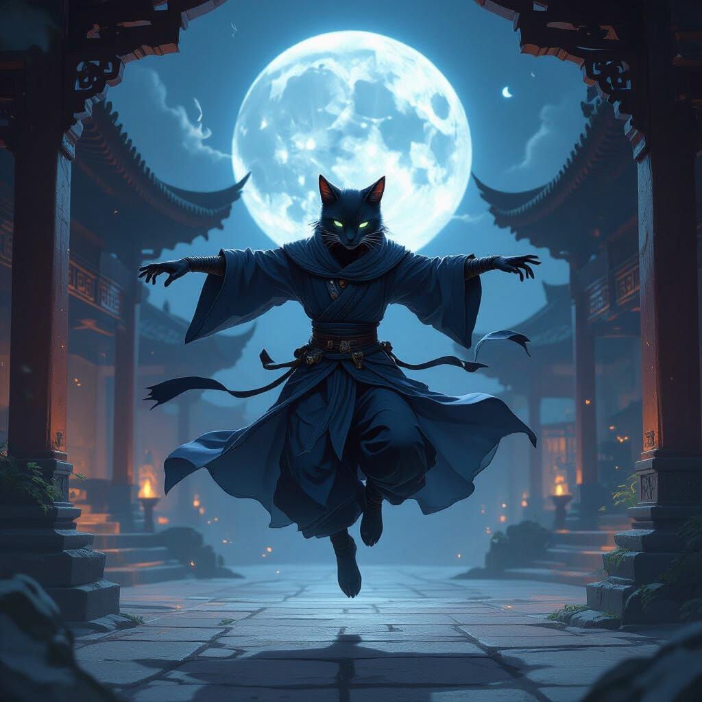 Tabaxi Shadow Monk Leaping in Moonlit Temple Courtyard