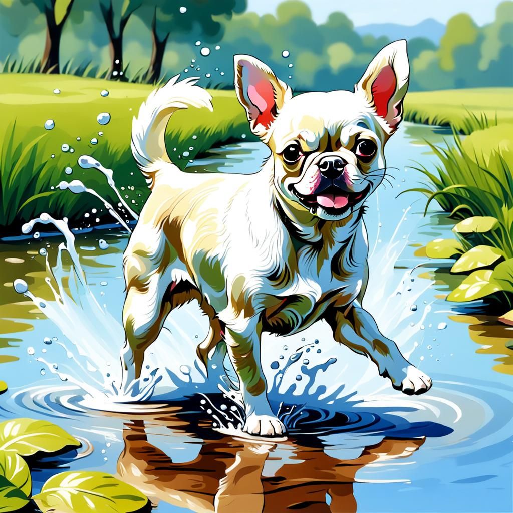 Pastoral Painting of Chihuahua Bulldog Splashing