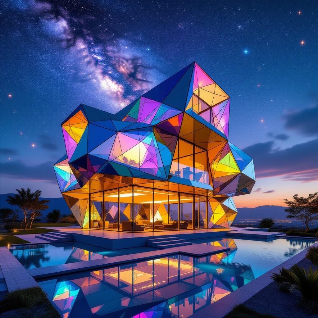 Iridescent Polyhedron Building in Cosmic Astral Style